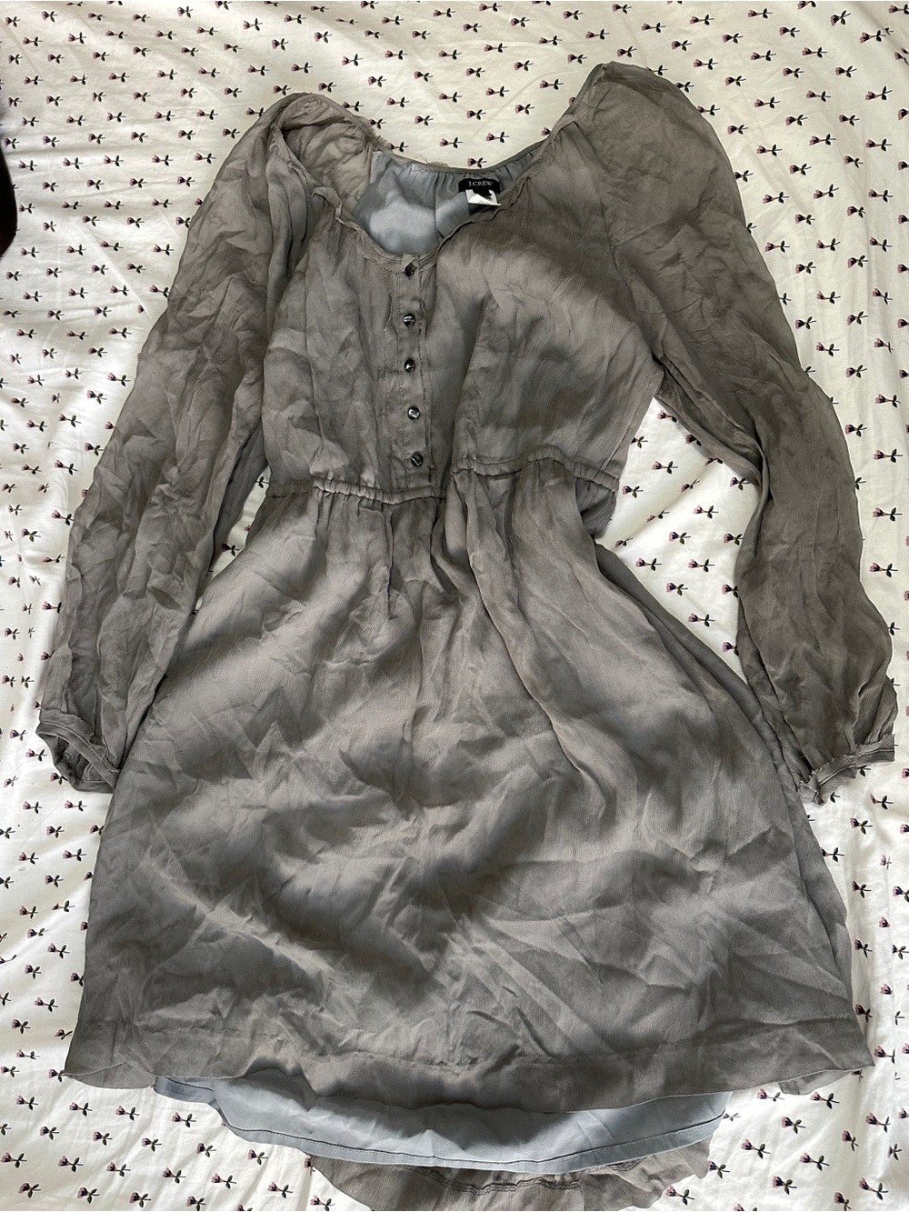 J. Crew 100% Silk Gray Long-Sleeve Button Dress